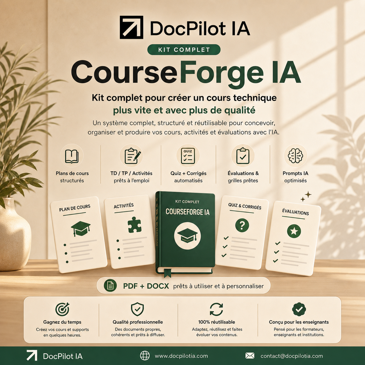 Affiche promotionnelle pour le kit complet CourseForge IA, comprenant des supports pour créer des cours techniques avec structures, activités, quiz corrigés automatisés, évaluations et prompts IA, pages de cours, documents PDF et DOCX. Mette en avant la rapidité, la qualité, la réutilisabilité, la conception pour enseignants, avec des icônes et une image de livre et plante en décor
