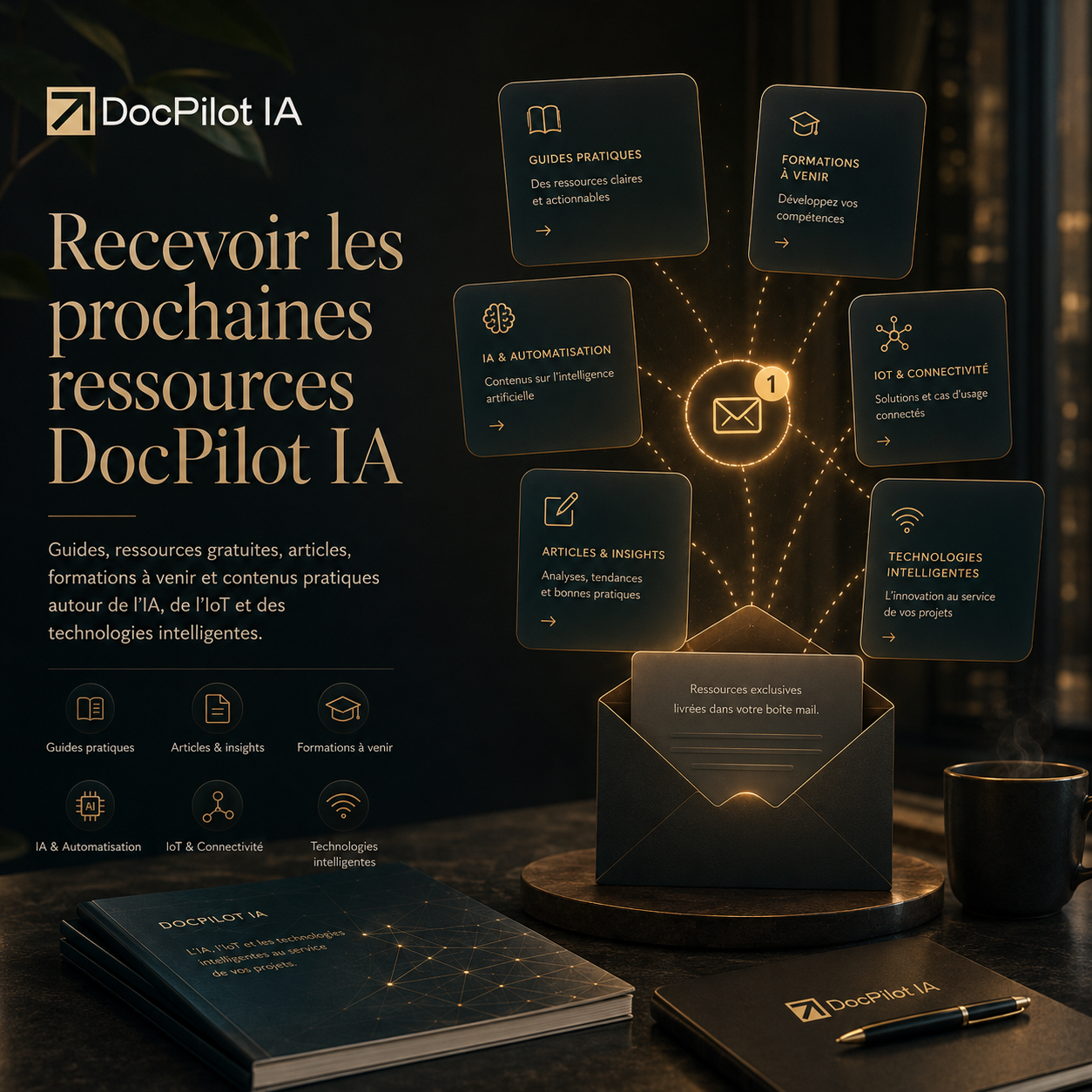 Image promotionnelle de ressources et guides gratuits sur l'IA, l'IoT et les technologies intelligentes, avec un message de réception prochaine de ces ressources par email, comprenant un carnet, un stylo, un ordinateur portable et une tasse à café.