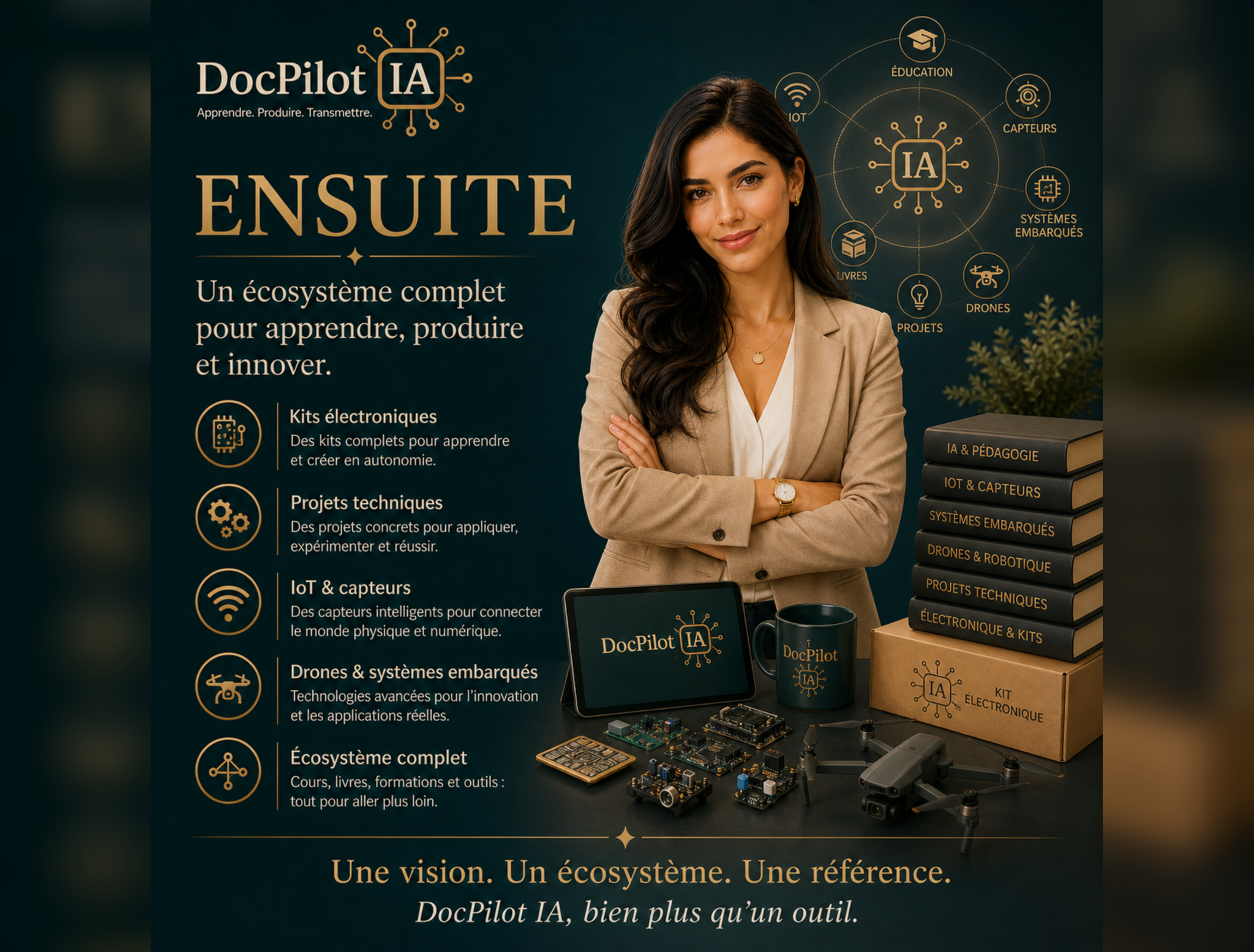 Une affiche promotionnelle pour DocPilot IA mettant en avant un écosystème complet pour apprendre, produire et innover en utilisant des kits électroniques, projets techniques, IoT, drones, systèmes embarqués, et outils numériques, avec une image d'une femme souriante devant un fond bleu foncé et des illustrations d'icônes et de matériel électronique.