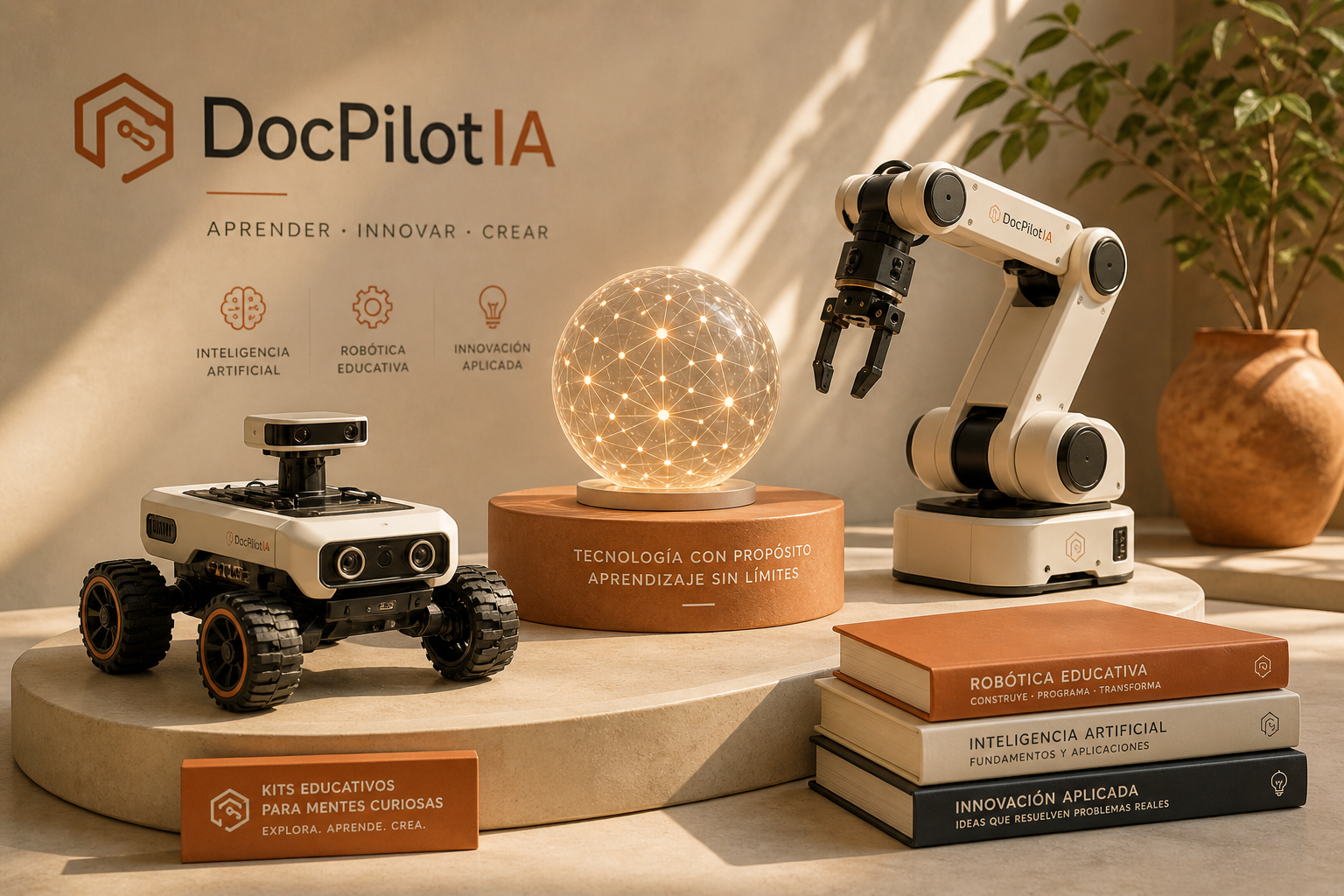 Robots éducatifs et livres sur l'intelligence artificielle, la robotique éducative, et l'innovation appliquée, avec un globe lumineux connecté sur une base en bois, le tout dans un environnement bien éclairé avec une plante en arrière-plan.