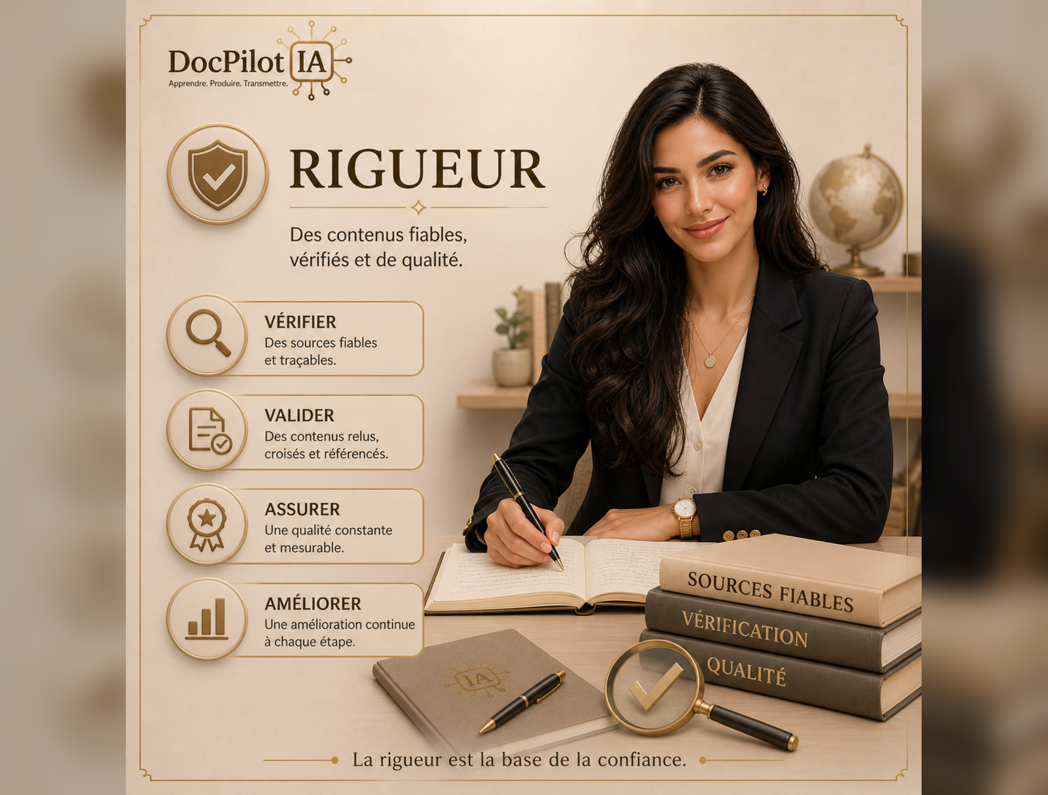 Une femme souriante en costume noir, assise à un bureau, tient un stylo et écrit dans un carnet. Sur le bureau, il y a un livre avec pour titres "Sources Fiables" et "Vérification". À côté, deux autres livres "Qualité" et "Améliorer" sont empilés. Il y a un globe terrestre en arrière-plan, et l'image est une illustration promotionnelle pour un programme appelé "DocPilot IA".