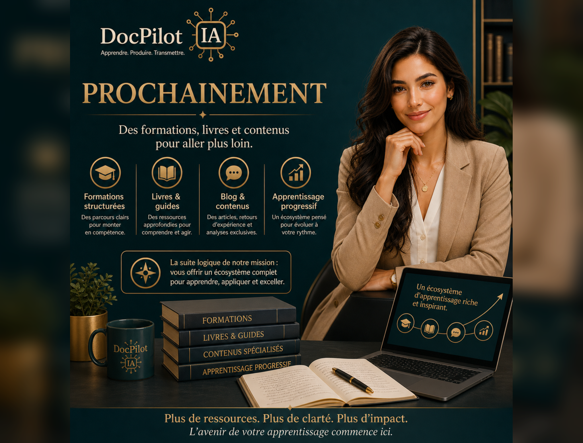Affiche promotionnelle pour une formation en ligne de DocPilot IA avec une femme souriante assise à un bureau, entourée de livres, tasse, ordinateur portable affichant le logo, et une tablette, avec texte évoquant l'apprentissage progressif, les ressources et l'impact.