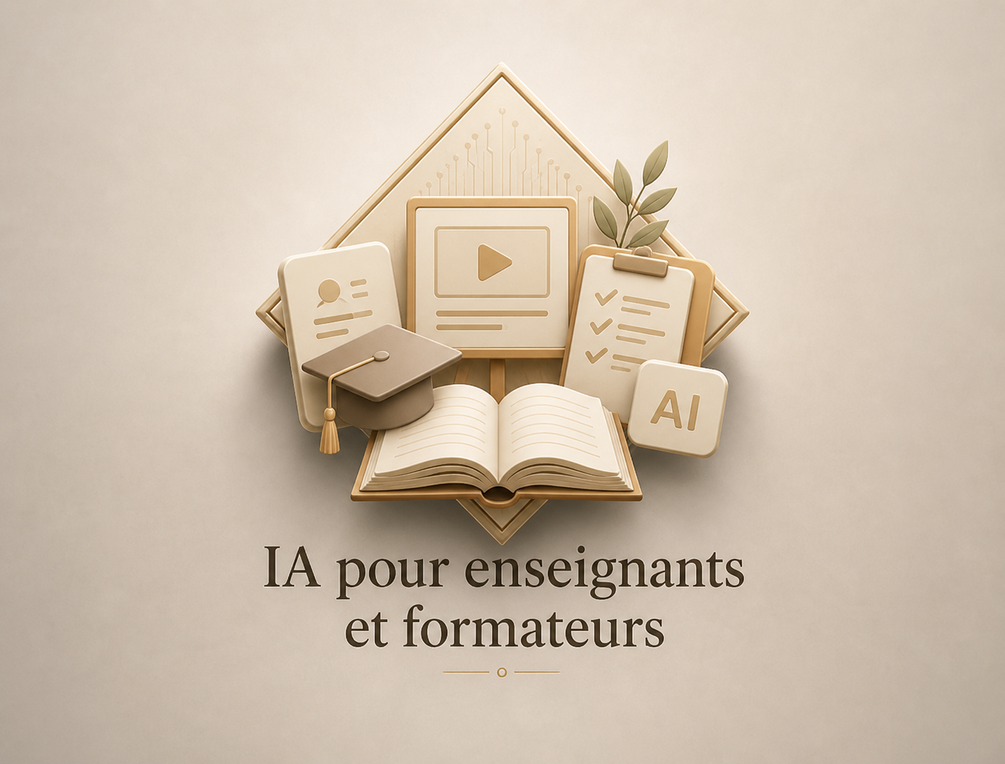 Une représentation graphique en 3D d'outils d'apprentissage et de technologie éducative, comprenant un livre ouvert, une icône vidéo, des documents avec des vérifications, un casque de graduation, une plante et une icône AI. Texte en dessous : "IA pour enseignants et formateurs".