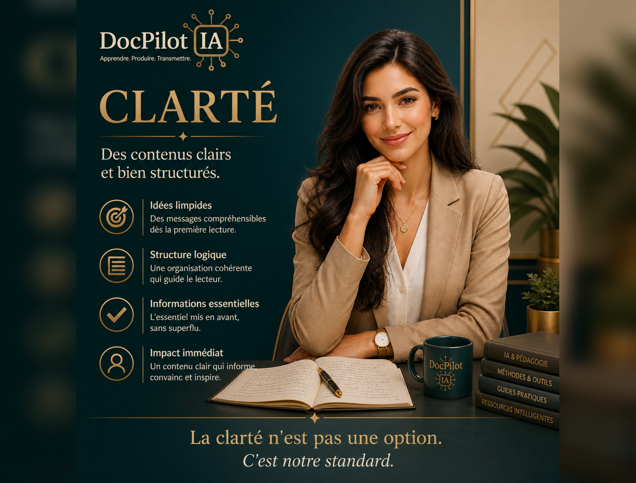 Une femme souriante avec des cheveux longs et bruns, portant une veste beige, assise à une table avec un calendrier ouvert, une tasse, un stylo, et plusieurs livres empilés. Elle est dans un environnement de bureau ou d'étude avec une décoration moderne.