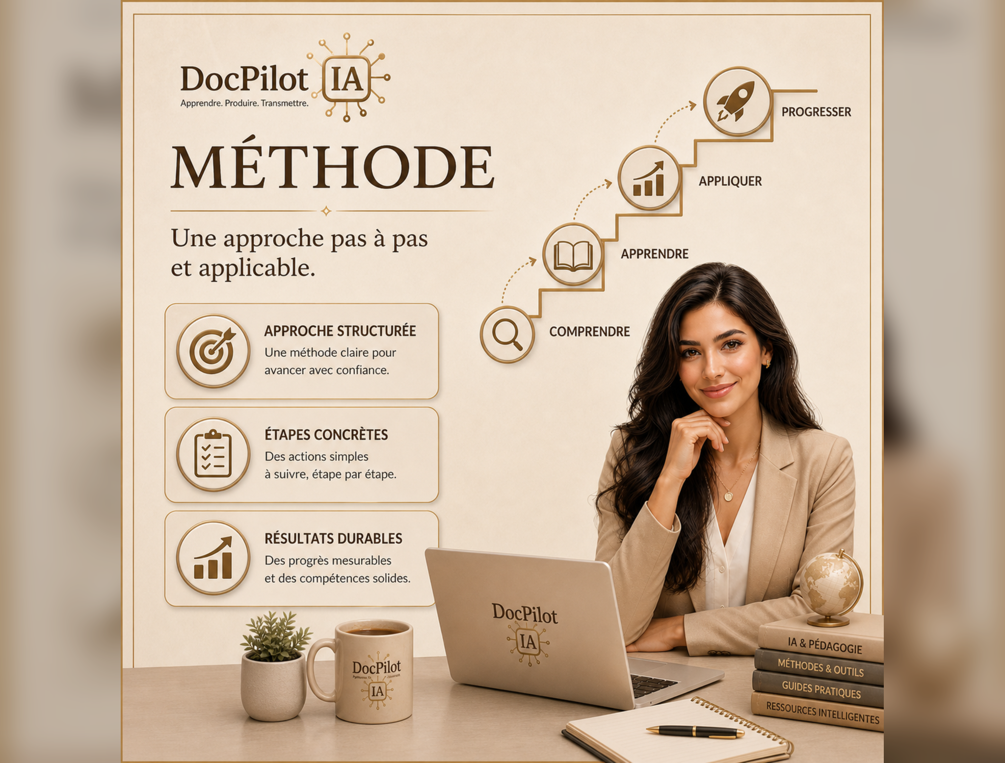 Image d'un bureau avec un ordinateur portable, deux mugs à café portant le logo DocPilot, des livres empilés avec des titres comme "Méthodes & Outils" et "Guides Pratiques", un carnet avec un stylo, une plante en pot, une petite maquette de globe terrestre, et une femme souriante portant un blazer beige et une chemise blanche circa