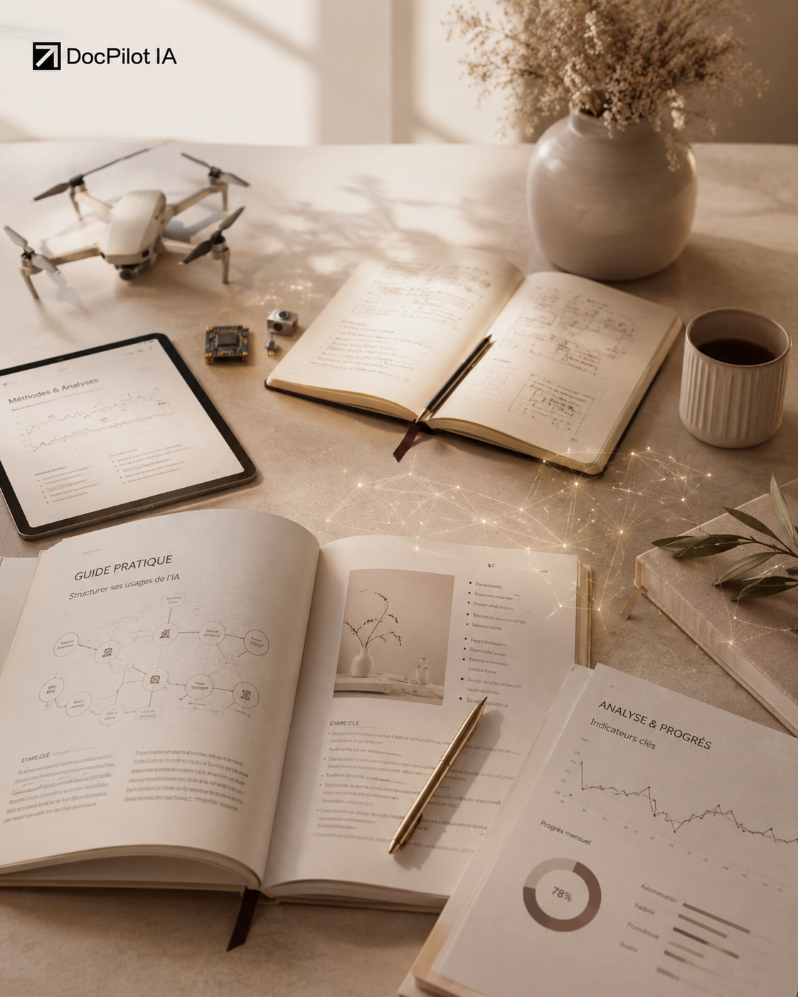 Un bureau avec un drone, une tablette, des livres ouverts, une tasse de café, un vase avec des fleurs et divers outils de travail, évoquant un environnement d'étude ou de recherche sur l'intelligence artificielle.