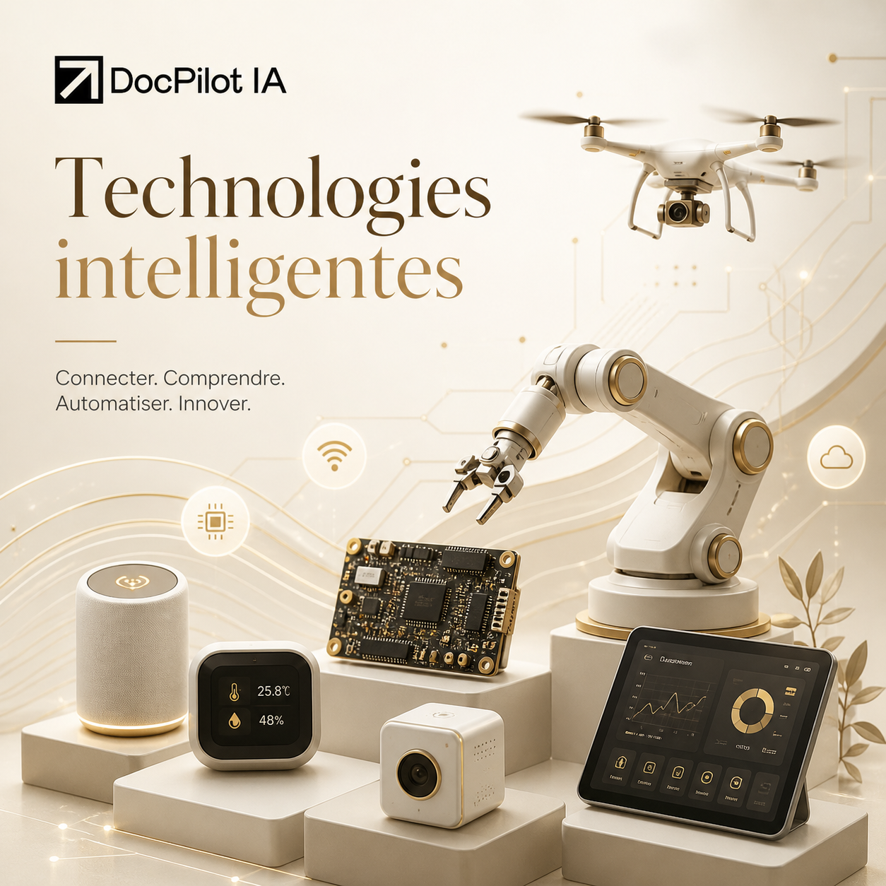 Affiche présentant des technologies intelligentes, incluant un drone, un robot articulé, une tablette, une enceinte intelligente, un capteur de température, un micro-caméra, et plusieurs icônes de connectivité et de cloud, avec le texte en français : 'Technologies intelligentes' et 'Connecter. Comprendre. Automatiser. Innover.'