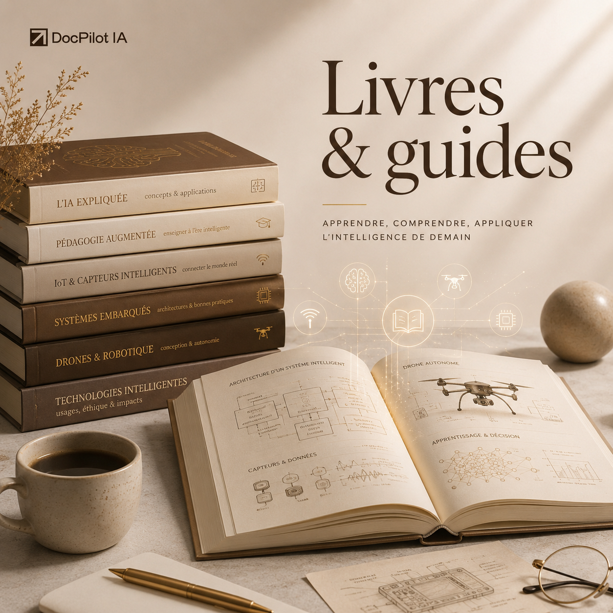 Une collection de livres empilés avec un livre ouvert montrant des schémas et des notes sur la technologie, une tasse de café, un stylo, une feuille, et une pierre. Le fond indique qu'il s'agit d'un ensemble de livres et guides sur les livres, les guides, et l'intelligence artificielle.
