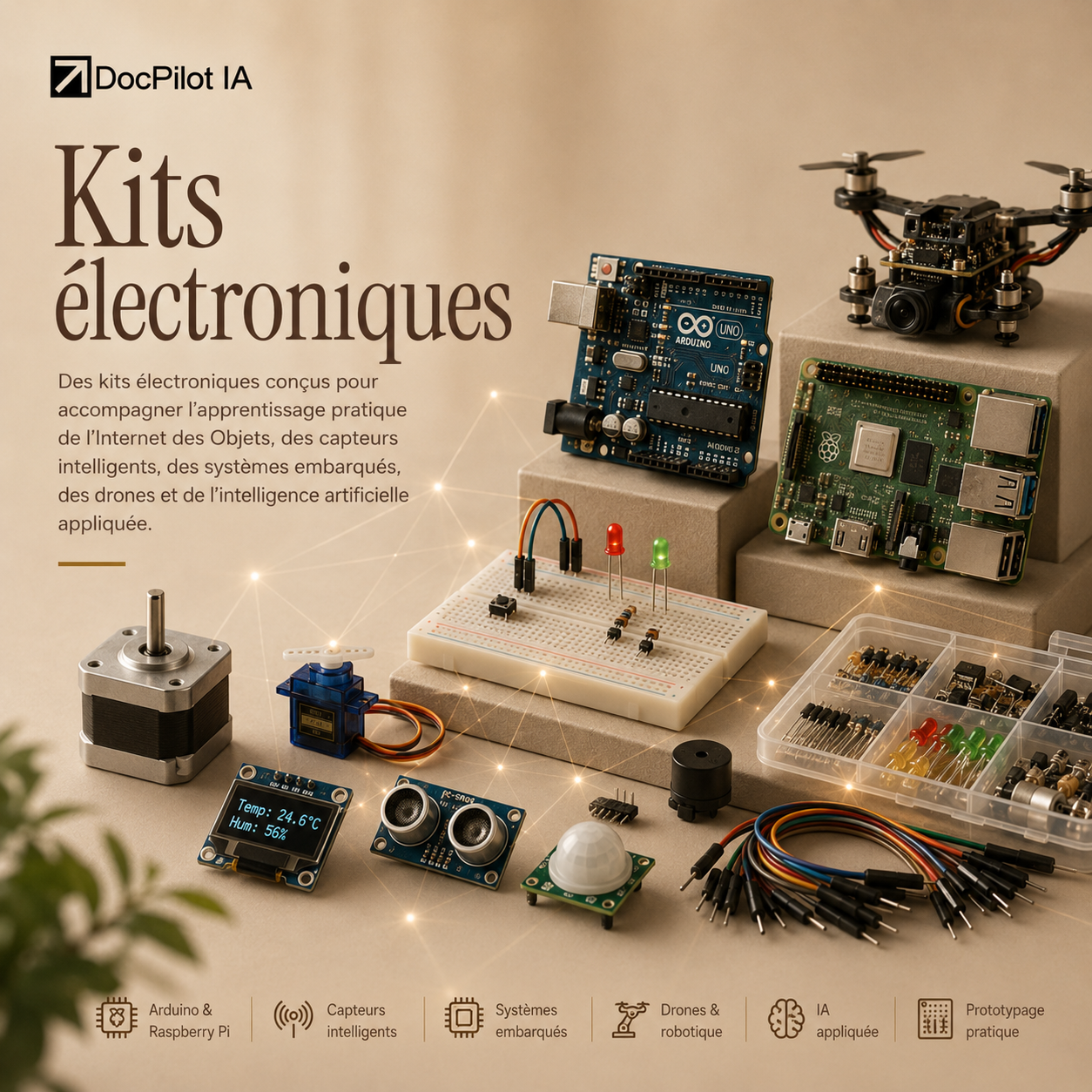Une affiche promotionnelle pour des kits électroniques comprenant différentes pièces: une carte Arduino Uno, un Raspberry Pi, un drone, des modules électroniques, une breadboard avec LED et résistances, un écran LCD affichant la température et l'humidité, un servomoteur, un capteur de mouvement, un microphone, une boîte avec des composants électroniques divers, et plusieurs câbles. La description indique que ces kits sont conçus pour l'apprentissage pratique de l'Internet des Objets, des capteurs intelligents, des systèmes embarqués, des drones et de l'intelligence artificielle appliquée.