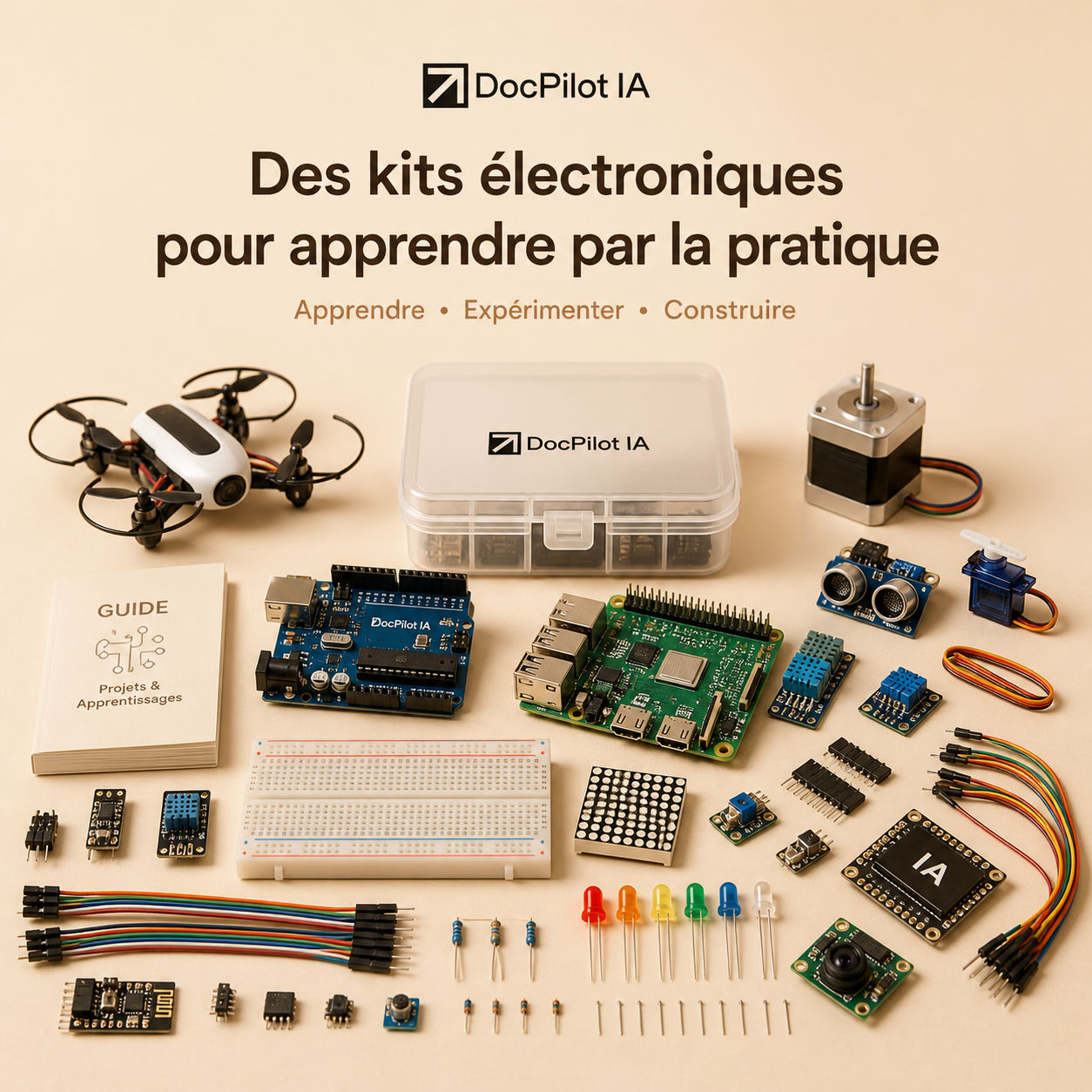 Matériel électronique pour apprendre : drone, moteur, Raspberry Pi, capteurs, composants électroniques, guides, câbles, LED, résistances, cartes de développement, boîte de rangement, et un guide d'apprentissage.