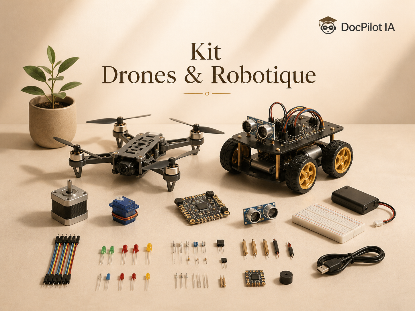 Un kit de drones et robotiques comprenant un drone, un robot, divers composants électroniques, capteurs, moteurs, câbles, et outils sur une table.