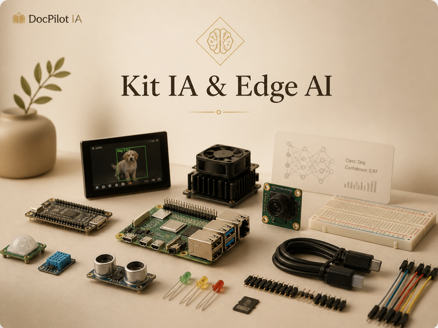 Kit de développement avec divers composants électroniques et capteurs pour AI et Edge AI, incluant une carte Raspberry Pi, caméra, écran, capteur de mouvement, câbles et autres modules, affichant aussi un diagramme de reconnaissance de chien.