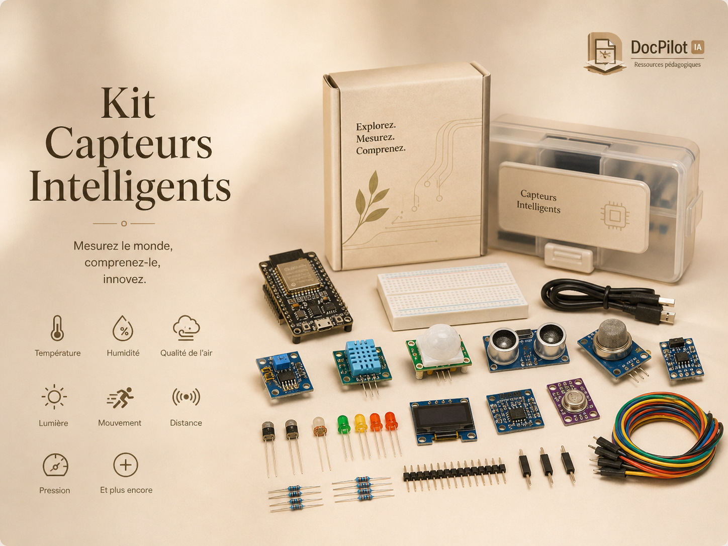 Kit de capteurs intelligents avec divers composants électroniques, capteur de mouvement, capteur de température, LED, écran LCD, câbles, et boîte de rangement, destiné à mesurer et comprendre l'environnement.