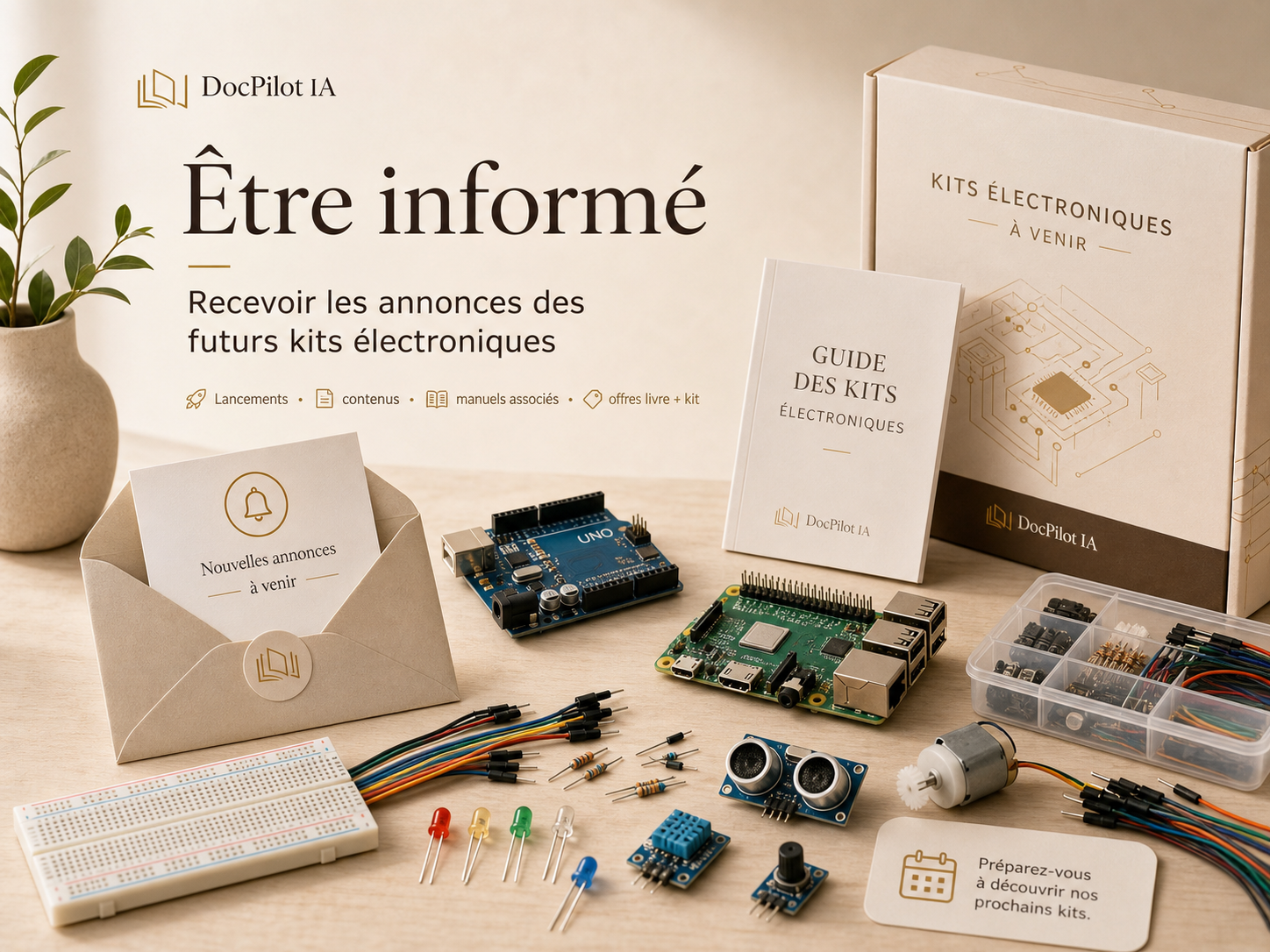Matériel électronique et kit DIY pour kits électroniques, avec composants comme Arduino, breadboard, résistances, LEDs, moteurs, et guides d'instructions, sur une table en bois, avec une plante en pot à gauche et un enveloppe contenant une annonce à venir.