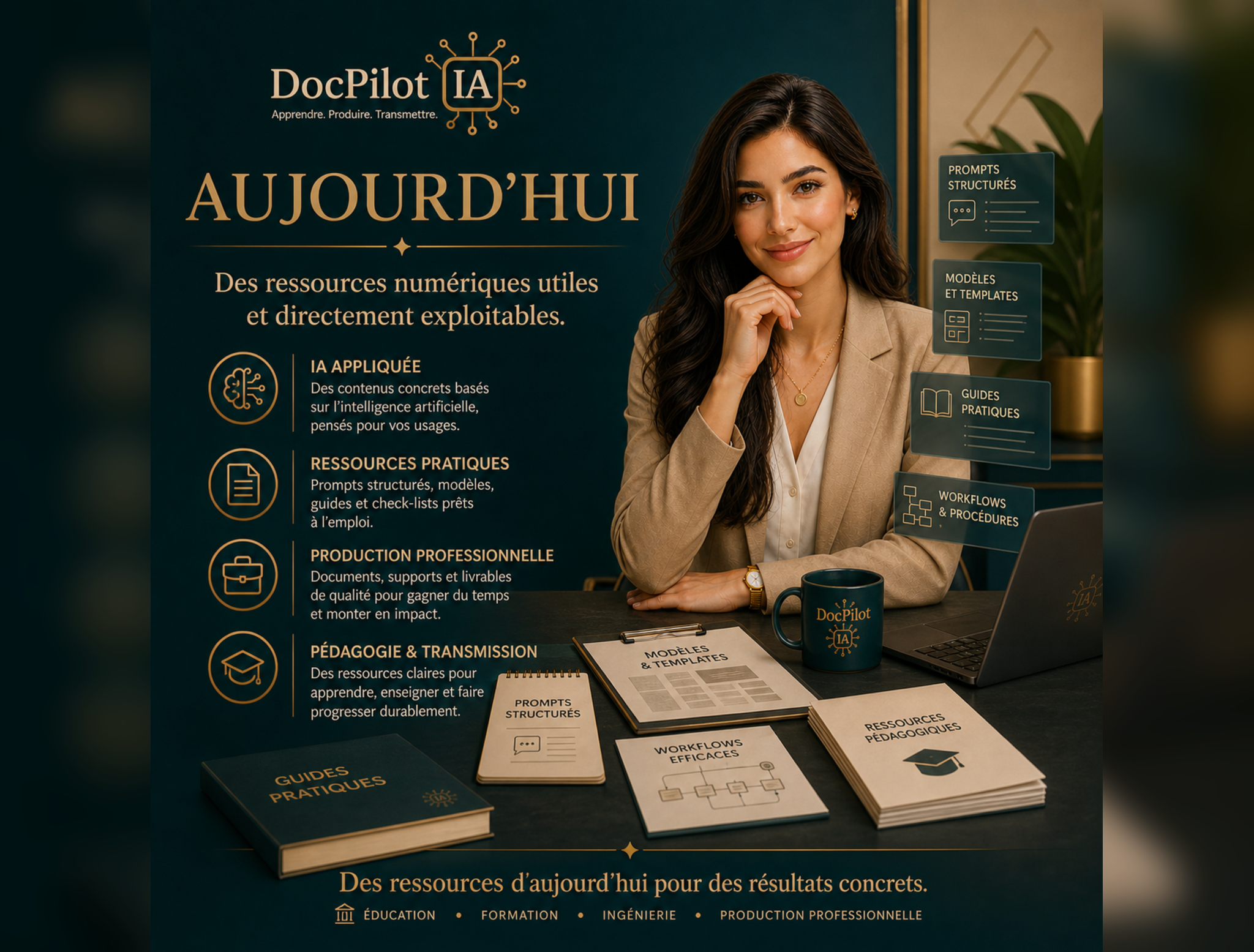 Une table avec des livres, des fiches, une tasse et un ordinateur portable dans un environnement de travail. Un panneau indique des ressources éducatives et professionnelles.