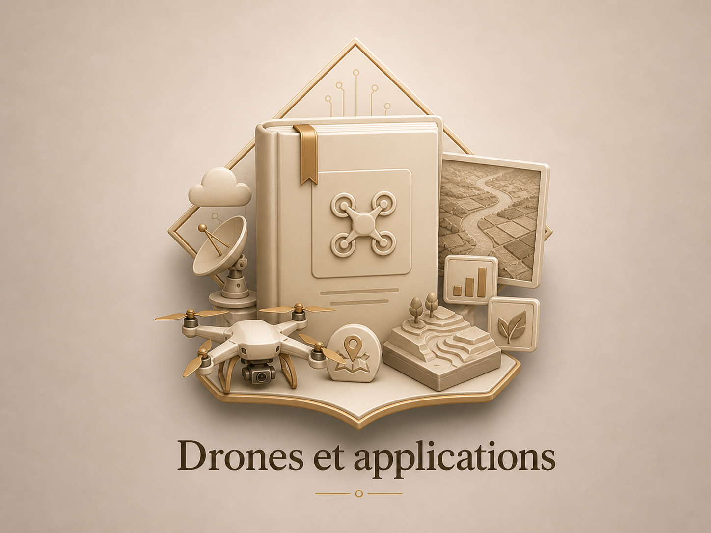 Illustration en tons beige et or montrant un livre, un drone, une carte, un satellite, une carte, un paysage en relief, des icônes de croissance et de feuille, et la légende "Drones et applications".