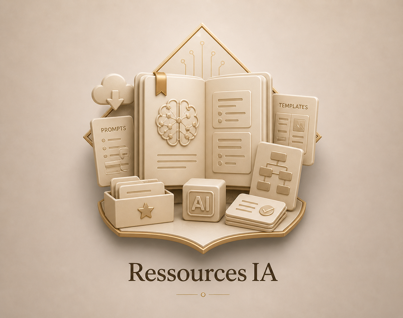 Une illustration en 3D de ressources liées à l'intelligence artificielle, comprenant un livre ouvert avec des icônes et documents, un symbole AI, des dossiers, des modèles, et des éléments graphiques comme un cerveau et un diagramme. Le tout sur une plateforme beige avec le texte "Ressources IA" en dessous.