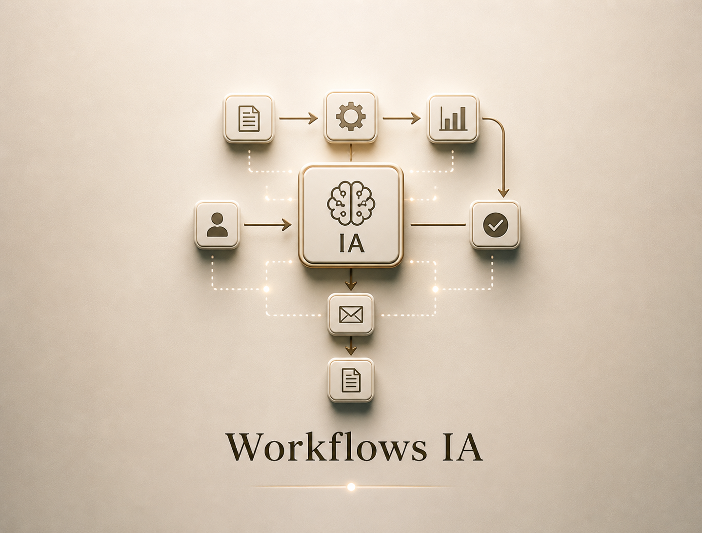 Diagramme illustrant un flux de travail d'intelligence artificielle avec des icônes pour des documents, un engrenage, un graphique, un utilisateur, une coche, un message et un fichier, reliés par des flèches, avec le texte "Workflows IA" en dessous.