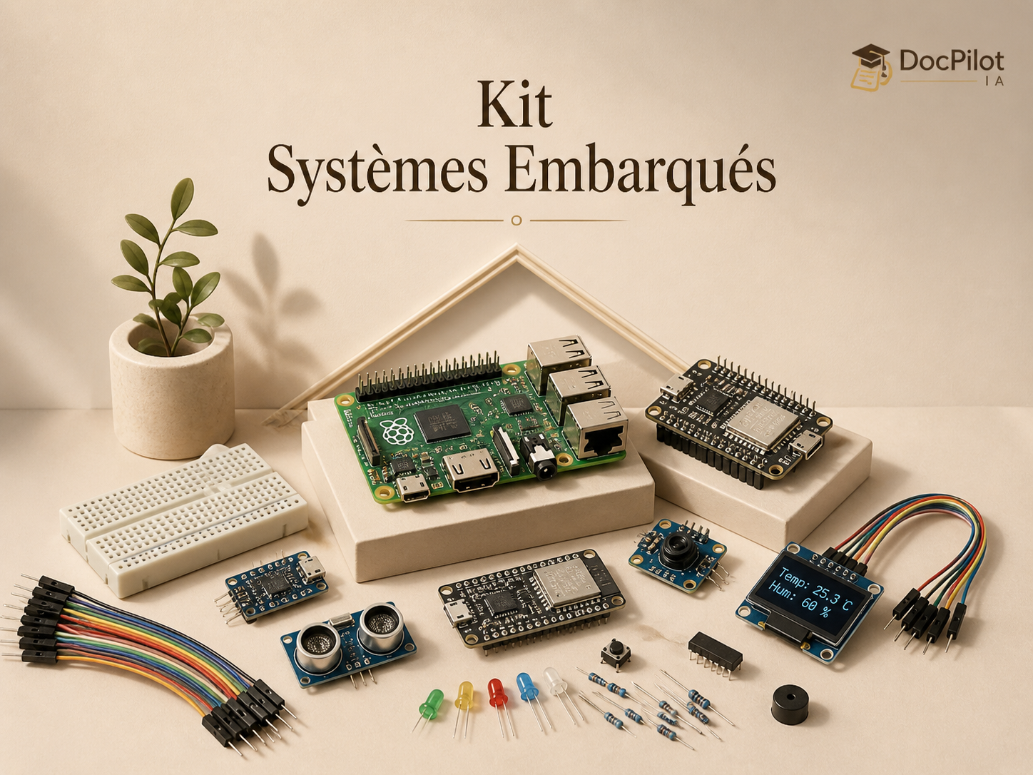 Kit de systèmes embarqués comprenant une carte Raspberry Pi, une carte NodeMCU, un écran OLED, un capteur de température et d'humidité, une breadboard, des câbles, des résistances, des LED, des capteurs et d'autres composants électroniques sur une table, avec une plante en pot à gauche et un fond avec le texte 'Kit Systèmes Embarqués'.