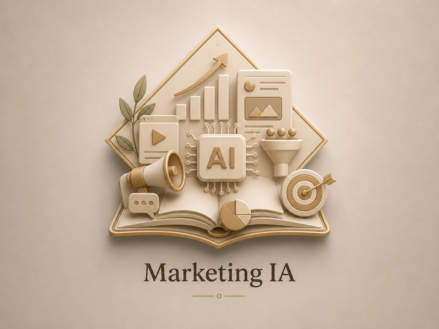 Représentation graphique de concepts liés au marketing de l'intelligence artificielle, comprenant un cerveau stylisé, des graphiques, une cible avec une flèche, un haut-parleur, une tablette, et un livre, avec la légende 'Marketing IA'.