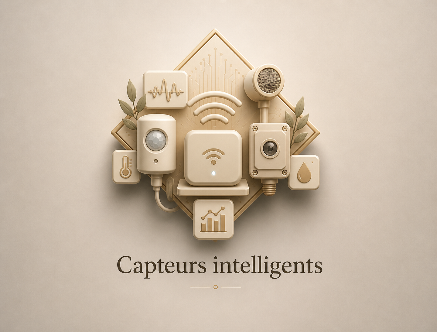Illustration de capteurs intelligents avec divers appareils connectés, tels qu'un détecteur de mouvement, une caméra, un capteur de température, un capteur d'humidité, une station météo et un graphique d'analyse, accompagnée de feuilles et d'une bannière 'Capteurs intelligents'.