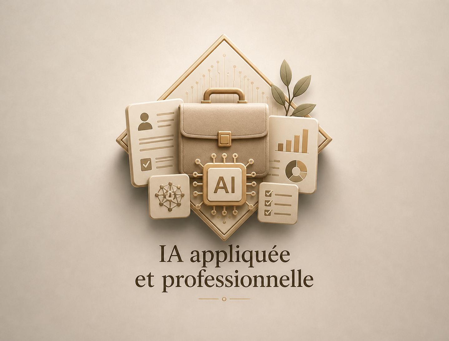 Illustration de divers éléments liés à l'intelligence artificielle appliquée et professionnelle, comprenant un sac à dos, des graphiques, des diagrammes, une icône d'AI et des feuilles vertes, avec le texte « IA appliquée et professionnelle ».
