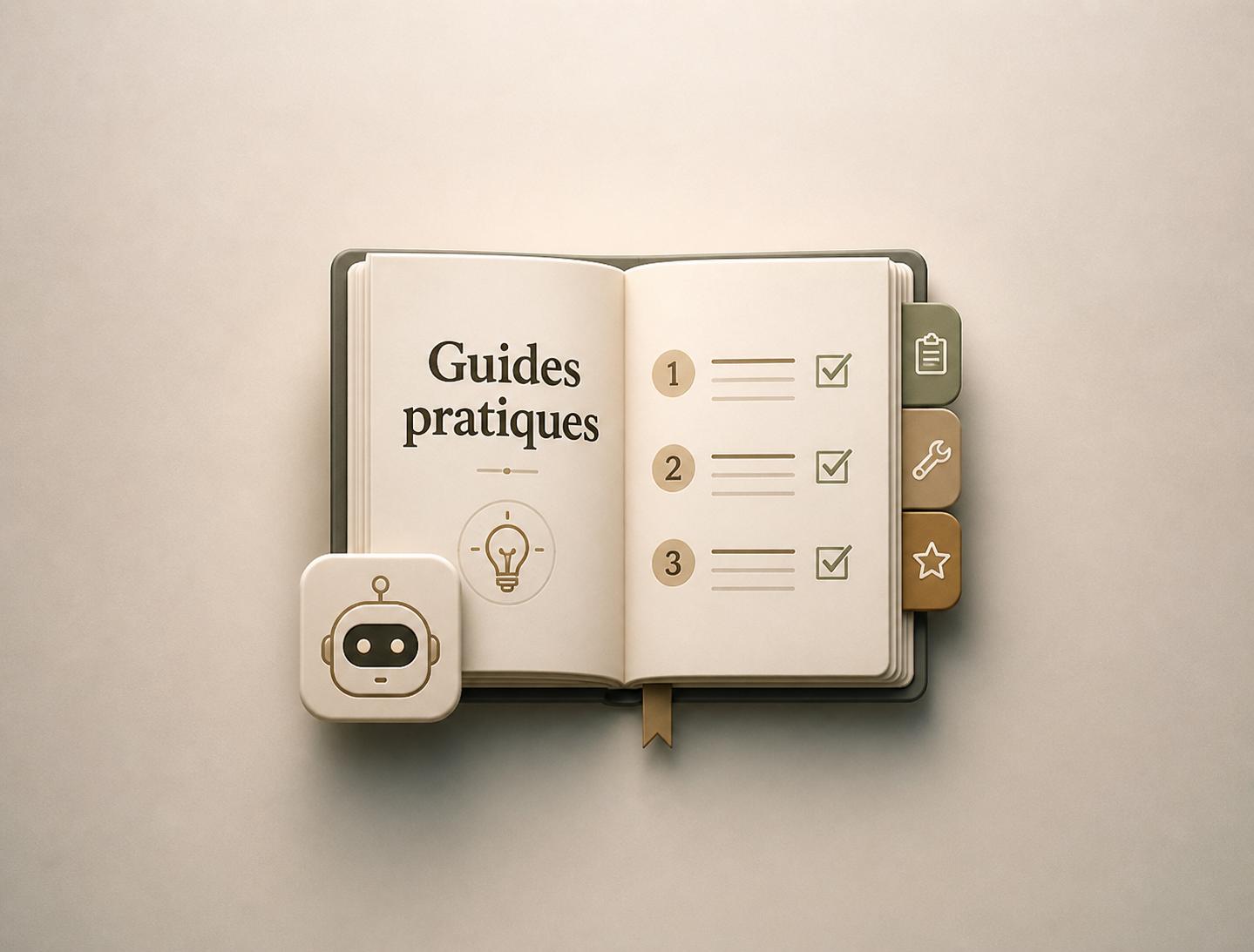 Un carnet ouvert intitulé "Guides pratiques" avec des onglets colorés, une icône d'ampoule et un robot en plastique à côté.