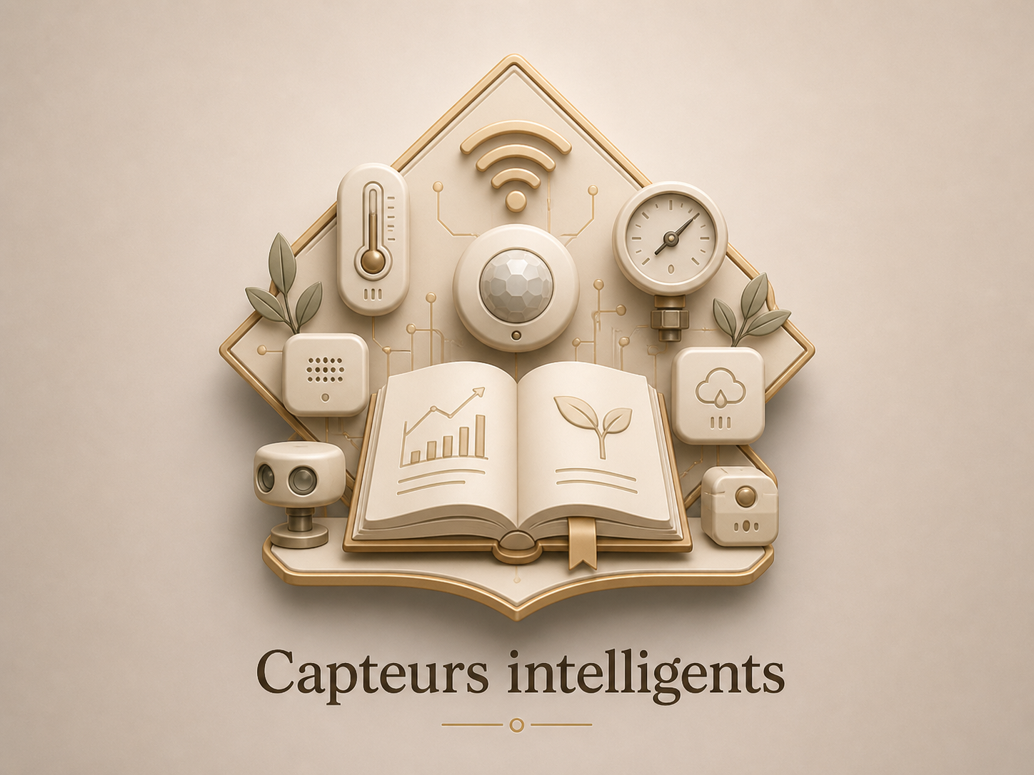 Une illustration stylisée de capteurs intelligents, comprenant un thermostat, un haut-parleur, un point de détection, un graphique de croissance, une plante, un réseau Wi-Fi, un compteur d'eau, un capteur de température, un chrono, et un nuage, avec le texte « Capteurs intelligents » en dessous.