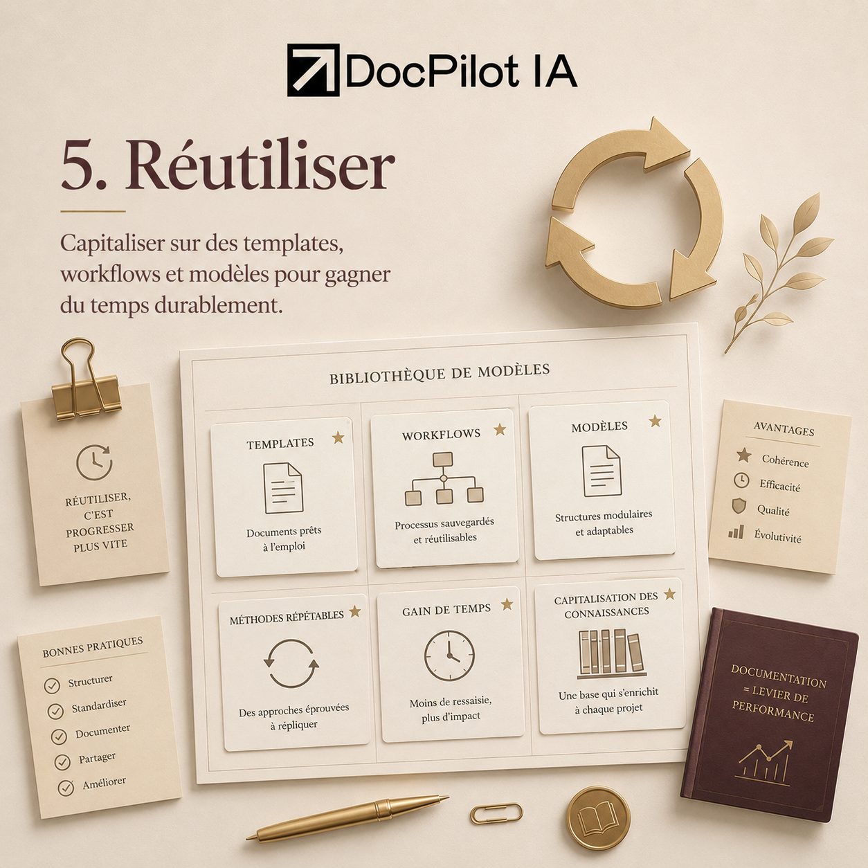 Infographie sur la réutilisation avec la mention 'Capitaliser sur des modèles, workflows et modèles pour gagner du temps durablement', accompagné de documents, un diagramme de processus, un livre intitulé 'Documentation = levier de performance' et divers éléments de bureau en tonalités beige et or.