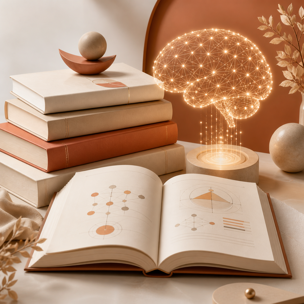 Une étagère avec plusieurs livres empilés, un livre ouvert avec des diagrammes et graphiques, une représentation digitale d'un cerveau en lumière, des décorations en forme de sphère et de branches végétales dans un décor neutre.