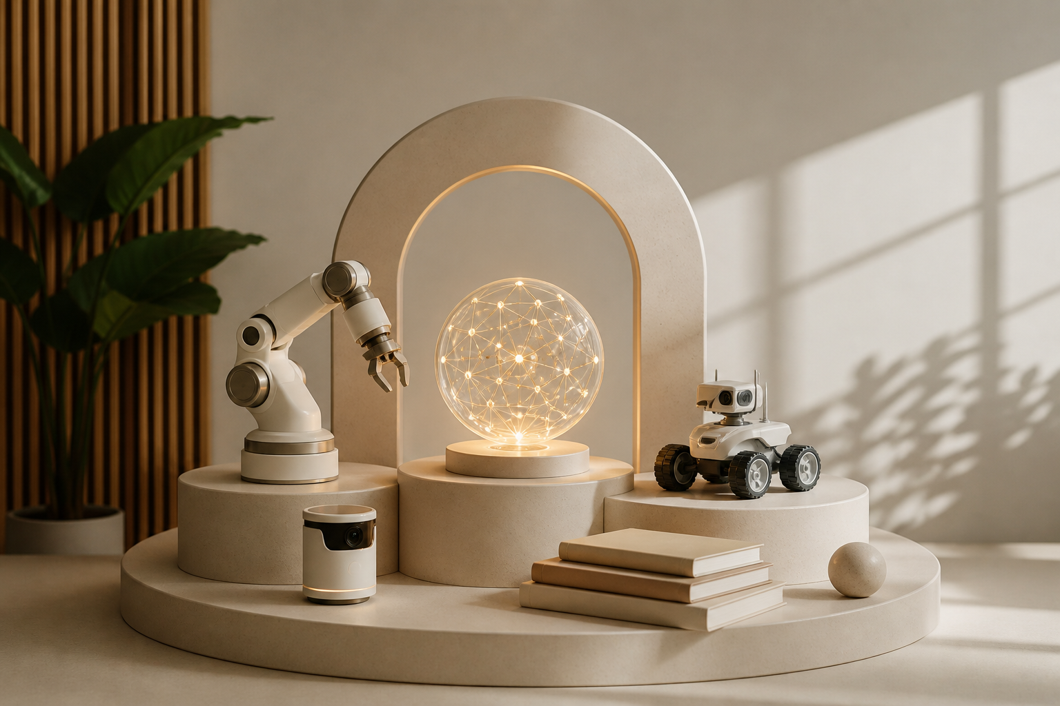 Une décoration moderne avec un robot blanc, une sphère lumineuse avec un réseau de points lumineux, et des livres sur une plateforme beige