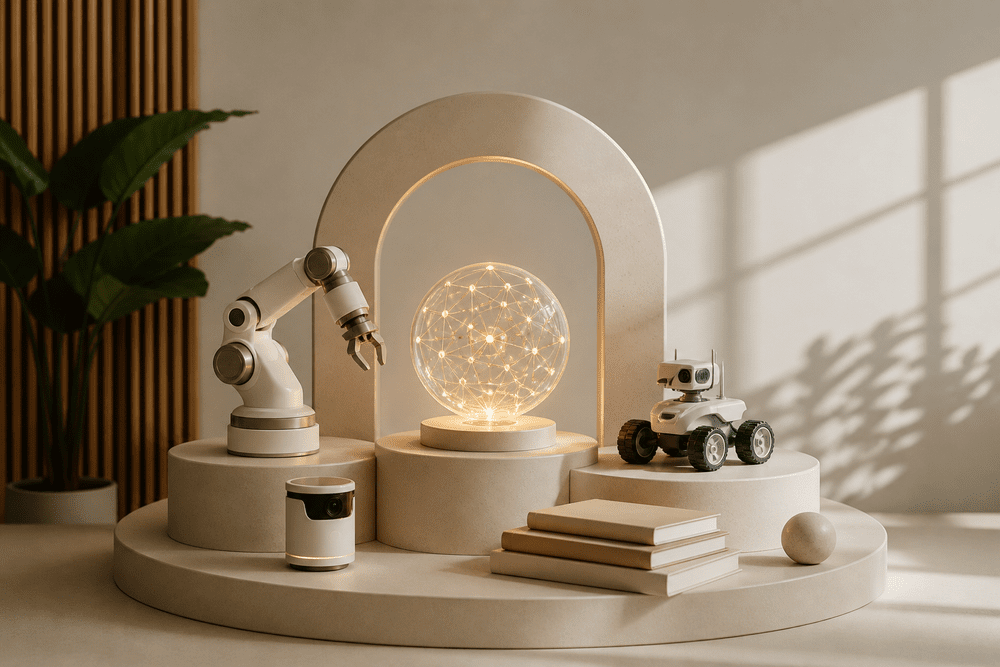 A modern display with a white robot, glowing network sphere and books on a beige platform.