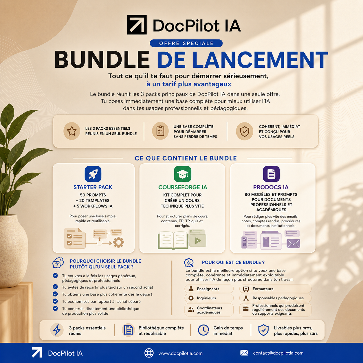 Affiche promotionnelle pour le pack de lancement DocPilot IA, comprenant trois packs essentiels, une base complète, et des modèles pour créer du contenu IA, avec une offre spéciale et des détails sur le contenu et les avantages.