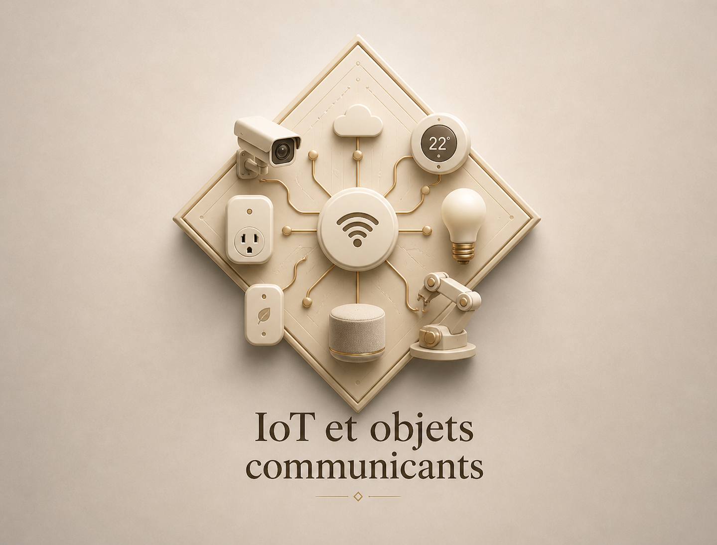 Une composition de divers objets connectés blancs, tels qu'une caméra de sécurité, une ampoule, une caméra robotisée, une prise électrique, un thermostat, une LED, un haut-parleur, et un symbole Wi-Fi, disposés en cercle sur une plaque de fond beige, avec texte "IoT et objets communicants" en dessous.