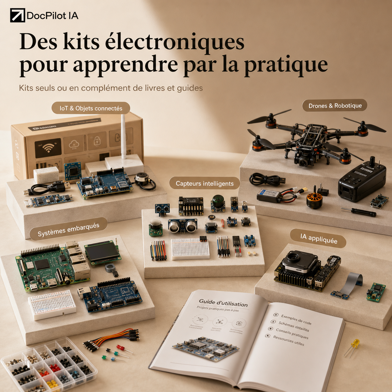 Disposition d'un ensemble de kits électroniques pour apprendre la pratique, comprenant des systèmes embarqués, des capteurs intelligents, des drones et robotique, de l'IA appliquée, avec un guide d'utilisation ouvert sur la table.