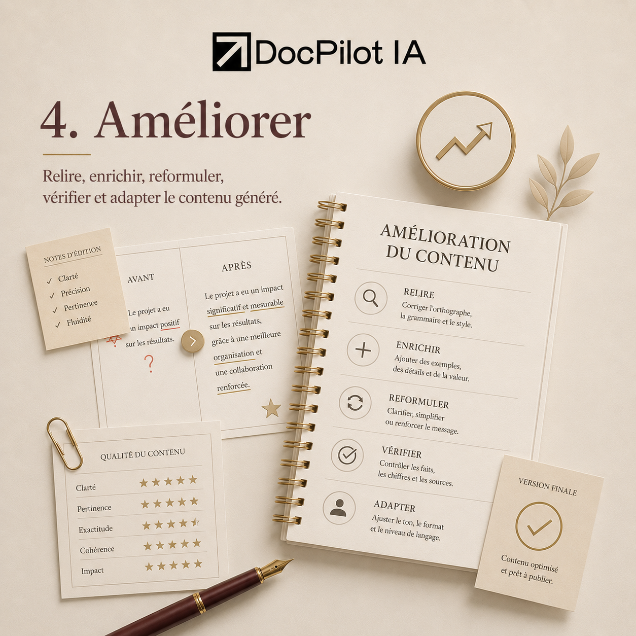 Page de presentation de conseils pour améliorer le contenu, avec des notes, un graphique en hausse, une liste d'étapes à suivre, et des notes d'appréciation, dans des tons neutres et élégants.