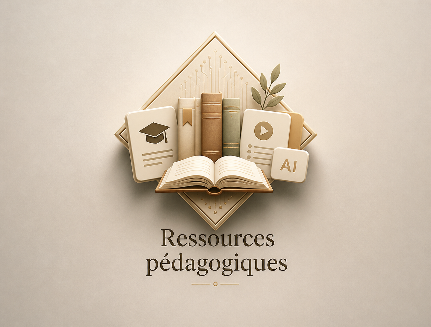 Une illustration de ressources pédagogiques comprenant des livres, des icônes éducatives, une feuille de papier et la mention "Ressources pédagogiques".