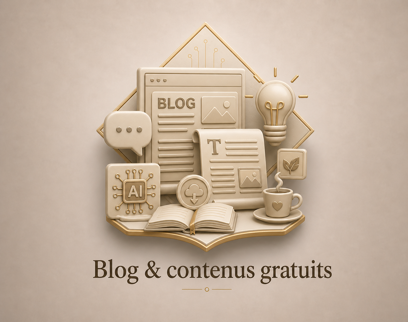 Image en relief de différents éléments liés au blogging et à la création de contenu, y compris un ordinateur portable, des bulles de discussion, une ampoule, une feuille, un livre ouvert, une tasse de café, et des icônes de technologie, avec le texte "Blog & contenus gratuits" en dessous.