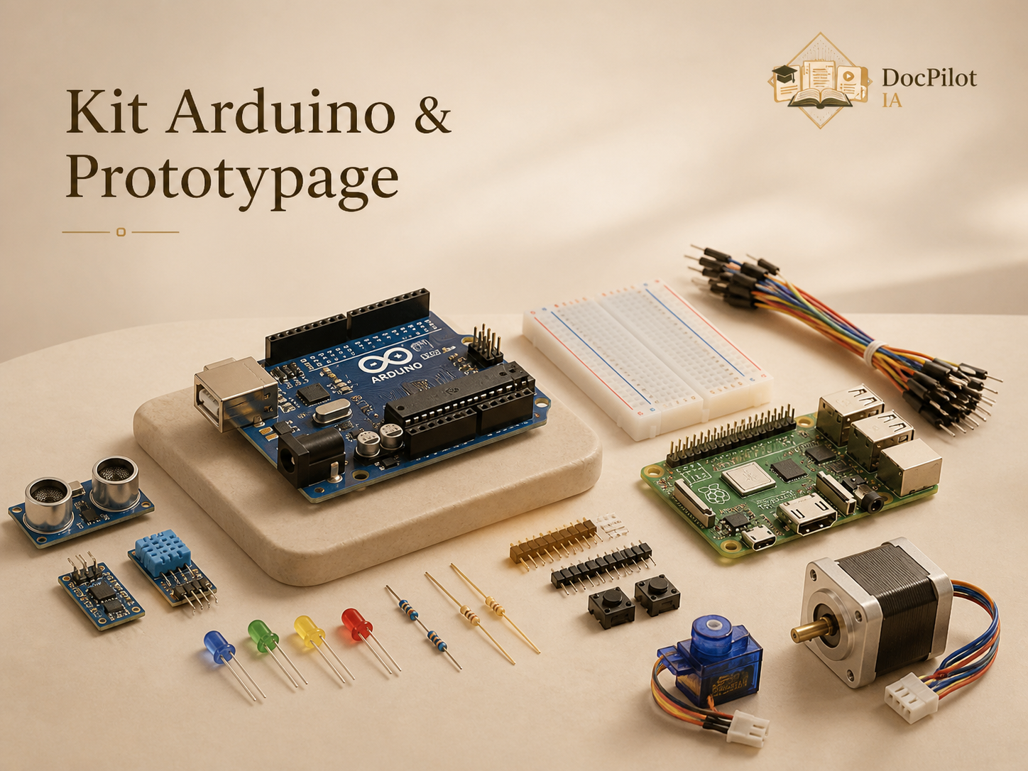 Matériel électronique pour prototype Arduino, incluant la carte Arduino, un écran LCD, une breadboard, un moteur pas à pas, des capteurs, des résistances, des condensateurs, des câbles et des boutons, présenté sur une table. En haut à gauche, le texte 'Kit Arduino & Prototypage' avec le logo DocPilot IA.