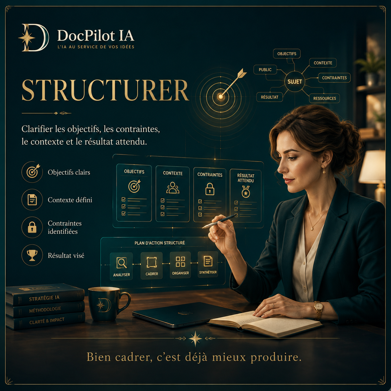 Infographie sur la structuration d'un projet avec un professionnel, comprenant des étapes et des conseils pour clarifier objectifs, contraintes, contexte et résultats attendus, avec une femme en costume utilisant un stylo, des livres et une tasse sur un bureau.
