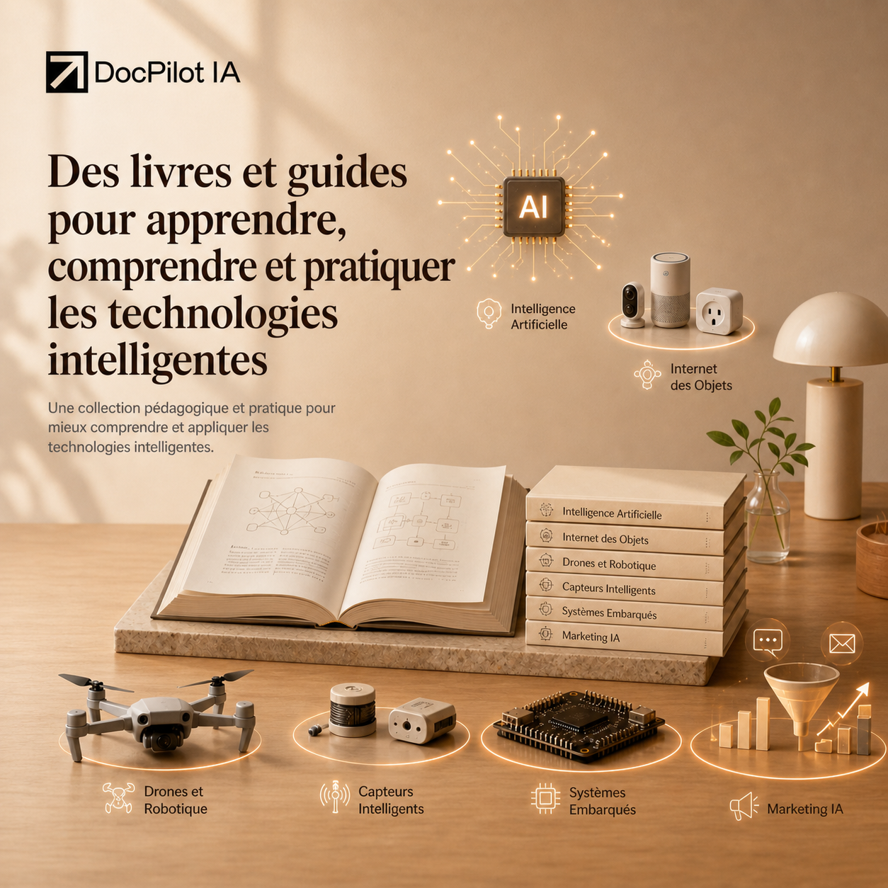 Image présentant des livres, guides et différents appareils liés à l'intelligence artificielle, à l'Internet des objets, aux drones, capteurs intelligents, systèmes embarqués et marketing IA, avec un fond de bureau et une lampe.