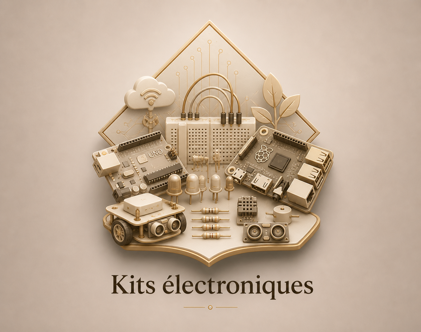 Kit électronique composé de composants like microcontrôleur, capteurs, résistances, LEDs, et câbles, présenté sur une surface beige avec un logo de nuage Wi-Fi, feuille et circuit imprimé en arrière-plan, avec le texte 'Kits électroniques' en dessous.
