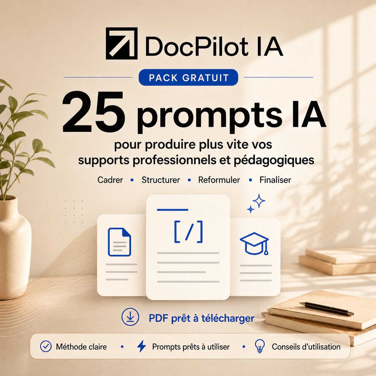 Une affiche promotionnelle présentant un pack gratuit de 25 prompts IA DocPilot IA pour créer rapidement des supports professionnels et pédagogiques. Inclut une mention pour un PDF téléchargeable, avec des icônes illustrant la structure, la rédaction, la finalisation, et des conseils d'utilisation.