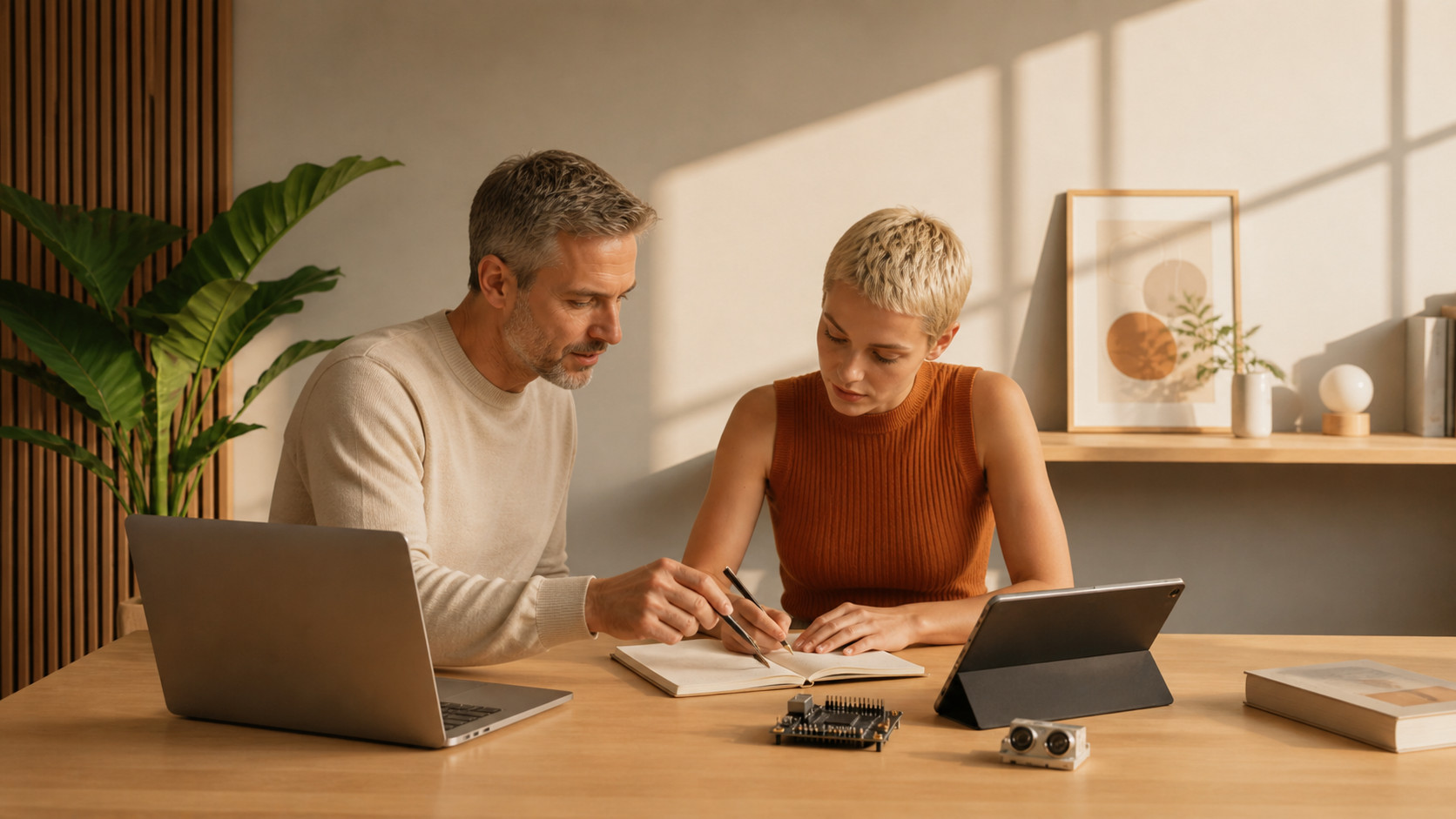 Deux personnes travaillent ensemble à une table, un homme et une femme regardent un carnet, avec un ordinateur portable, une tablette, une petite voiture téléguidée, un livre et un circuit électronique sur la table, dans une pièce bien éclairée.