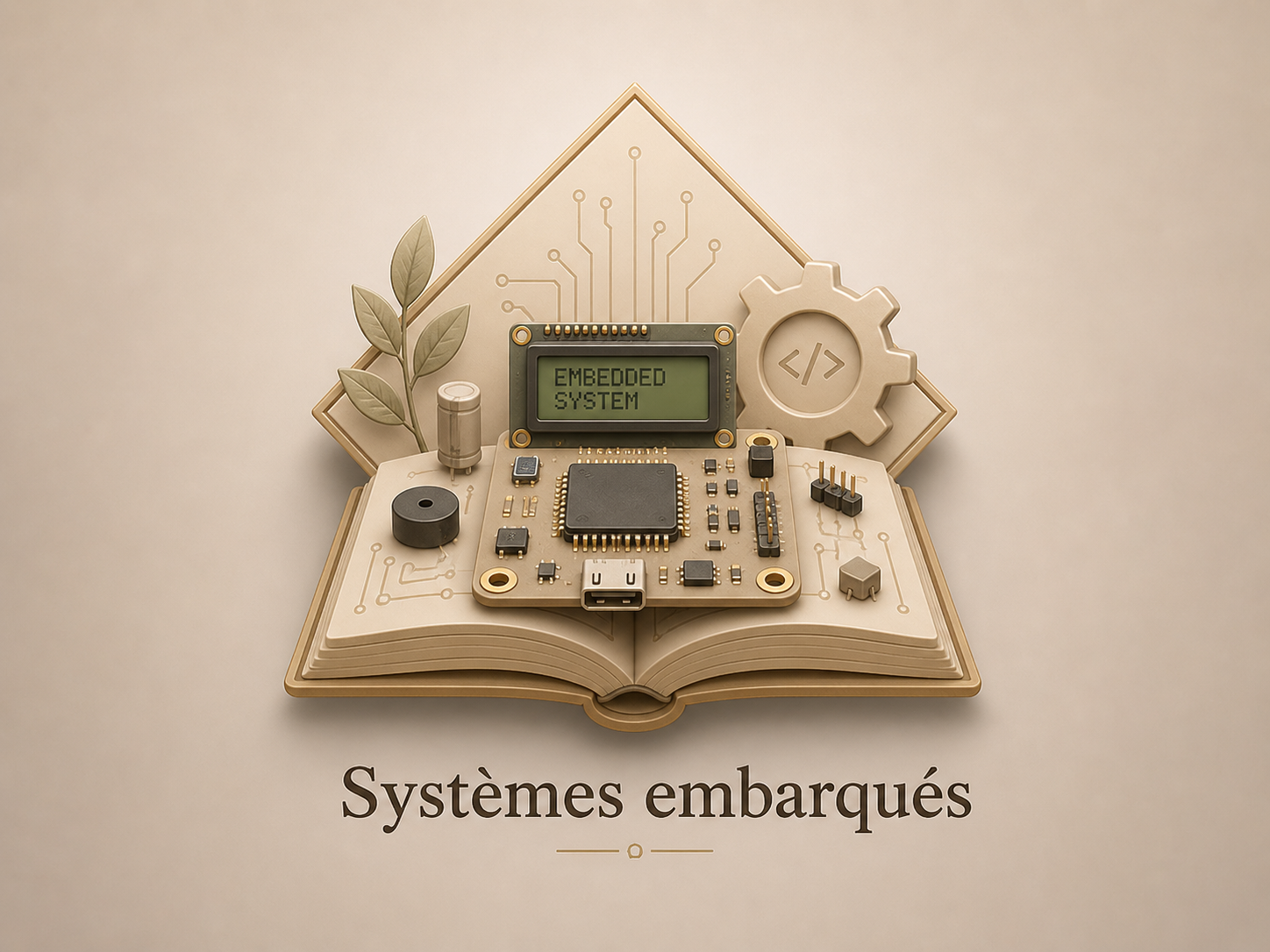 Une illustration d'un système embarqué avec un microcontrôleur, un écran LCD affichant 'EMBEDDED SYSTEM', un livre ouvert, des éléments électroniques, des feuilles et un symbole de cogwheel, avec le texte 'Systèmes embarqués' en dessous.