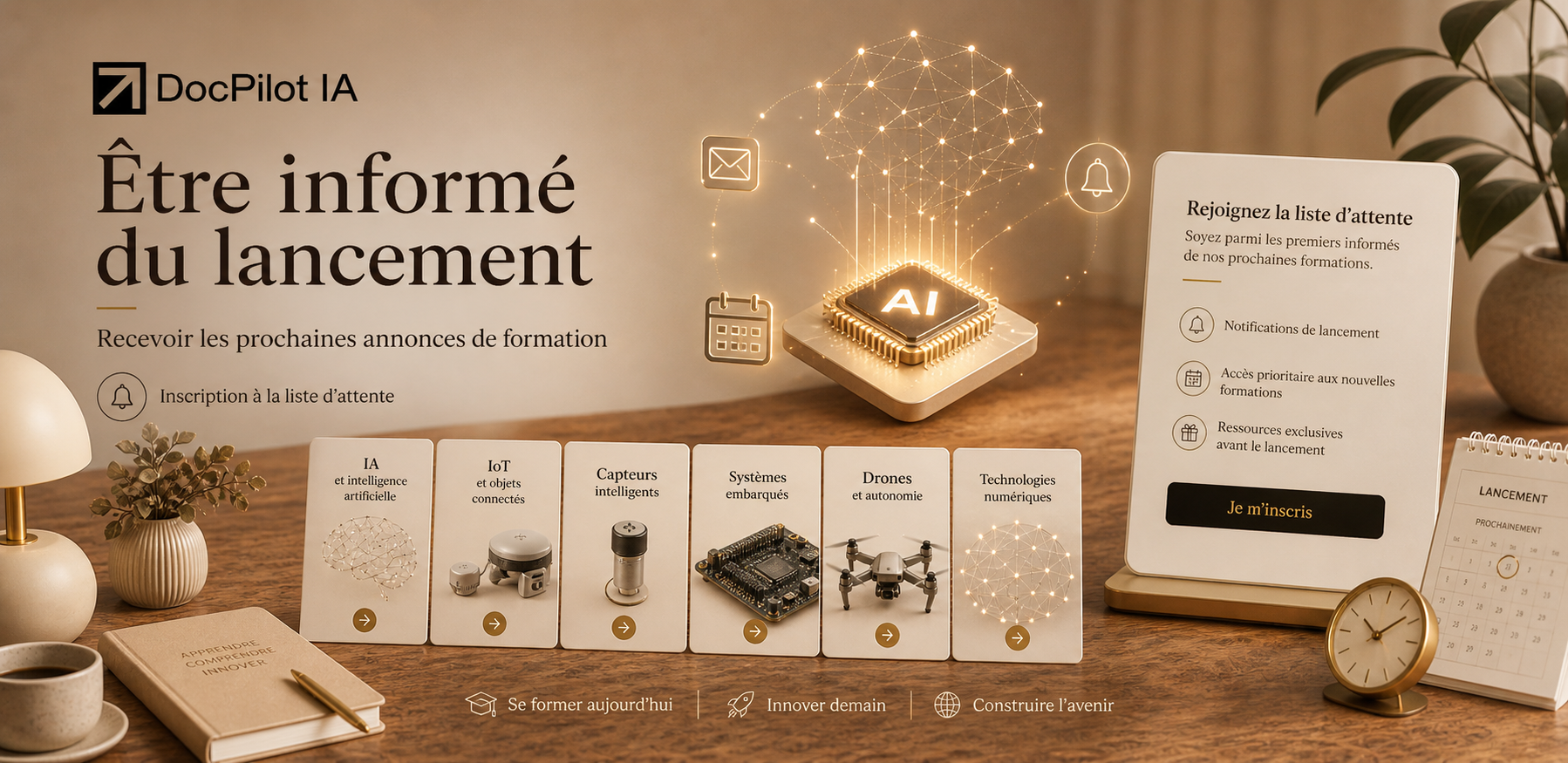 Affiche promotionnelle de DocPilot IA avec message sur l'urgence d'être informé du lancement d'une formation, accompagnée d'icônes représentant l'IA, l'IoT, les capteurs intelligents, les systèmes embarqués, les drones et les technologies numériques, ainsi que des propositions de formations et un calendrier en arrière-plan.