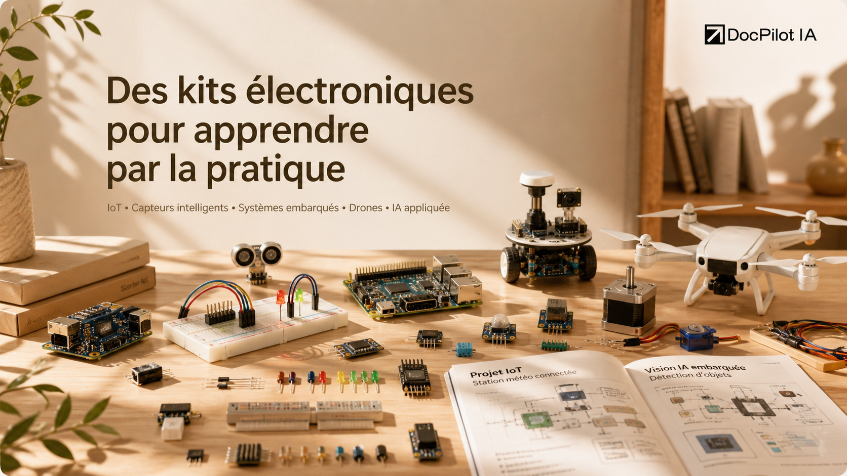 Table avec des kits électroniques, un microcontrôleur, des capteurs, un drone, un robot, des composants électroniques, et des manuels pour apprendre l'électronique et l'intelligence artificielle.