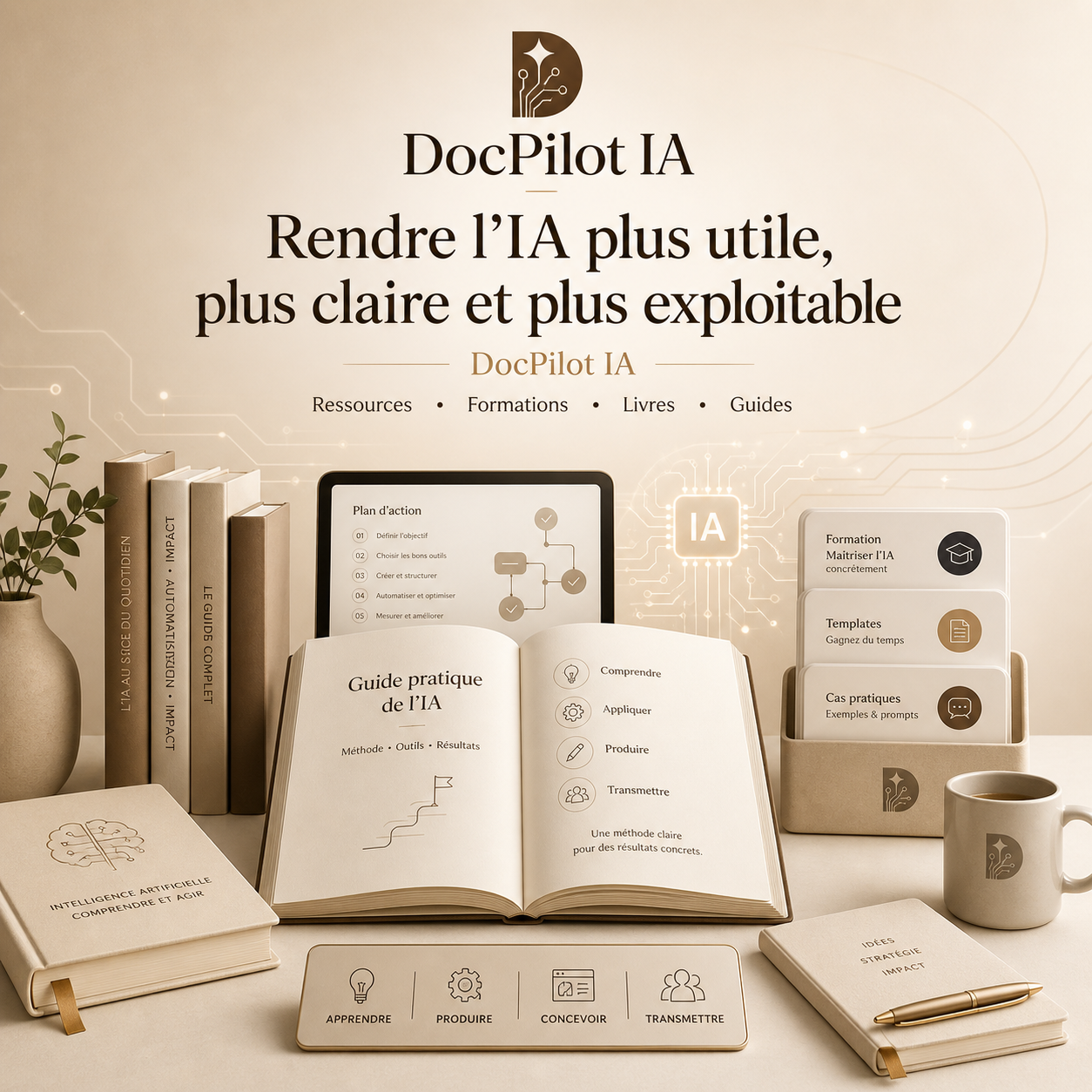 Une affiche promotionnelle pour DocPilot IA présentant des livres, un cahier, une tasse, une tablette, et des fiches avec des textes sur l'intelligence artificielle, la formation, des cas pratiques et des guides.