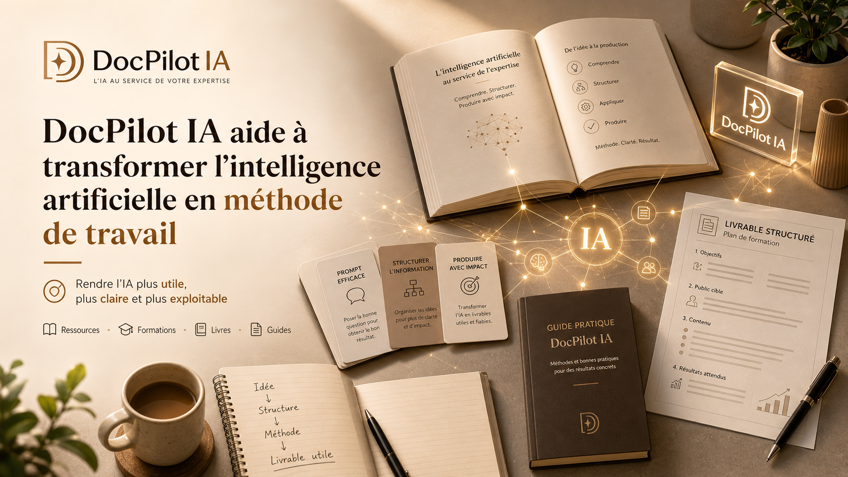 Une table de travail avec un livre ouvert sur l'intelligence artificielle, un guide pratique, un plan de formation structuré, un cahier avec une idée écrite, une tasse de café, un stylo, et quelques plants. L'affiche présente le logo et le nom "DocPilot IA" avec une explication de leur service pour transformer l'intelligence artificielle en méthode de travail.