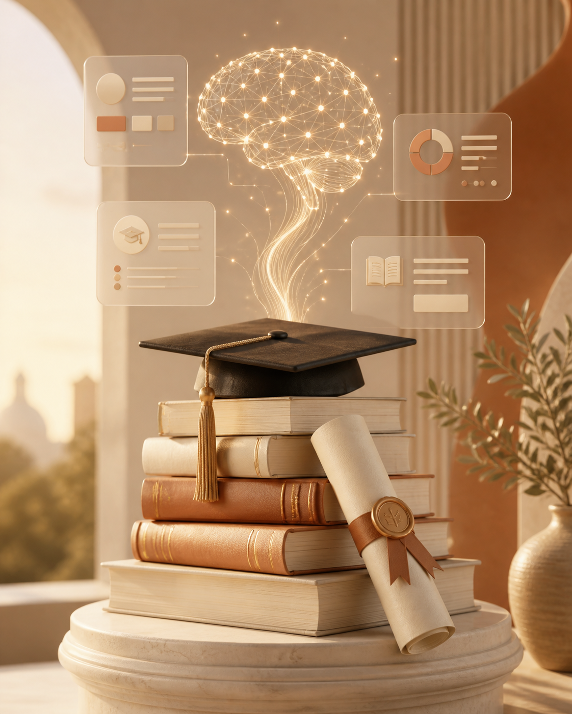 Études universitaires avec livres, diplôme, chapeau de graduation et icônes technologiques flottantes illustrant le cerveau, la recherche et l'apprentissage, sur une table près d'une fenêtre avec un fond urbain.